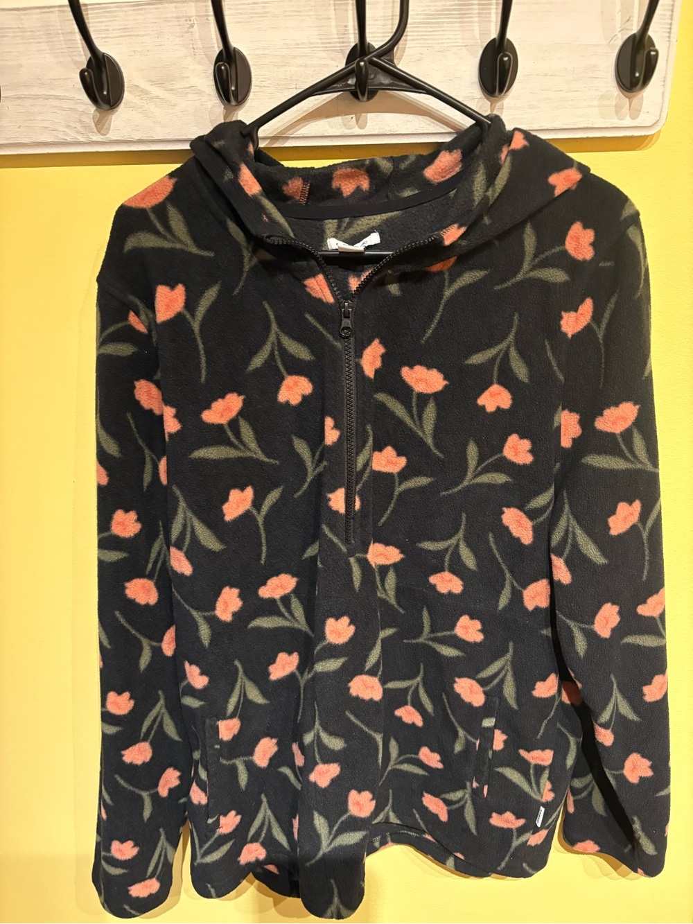 O'Neill Black Hooded Half-Zip Teddy Jacket with Peach Floral Print